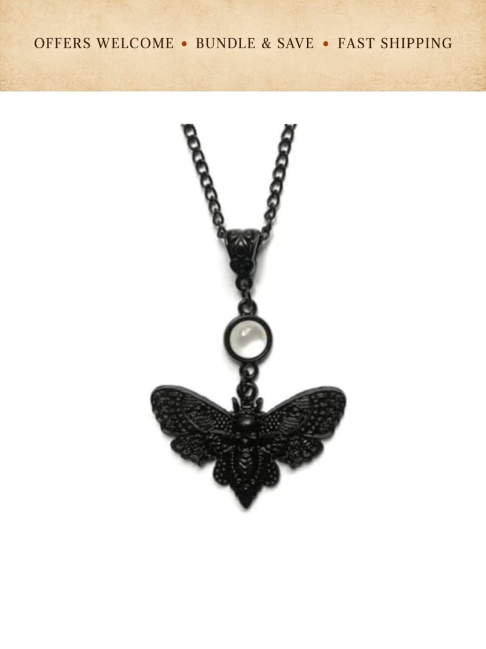 Gothic Moth Pendant Necklace Zinc Alloy Stainless Steel Chain Insect Jewelry